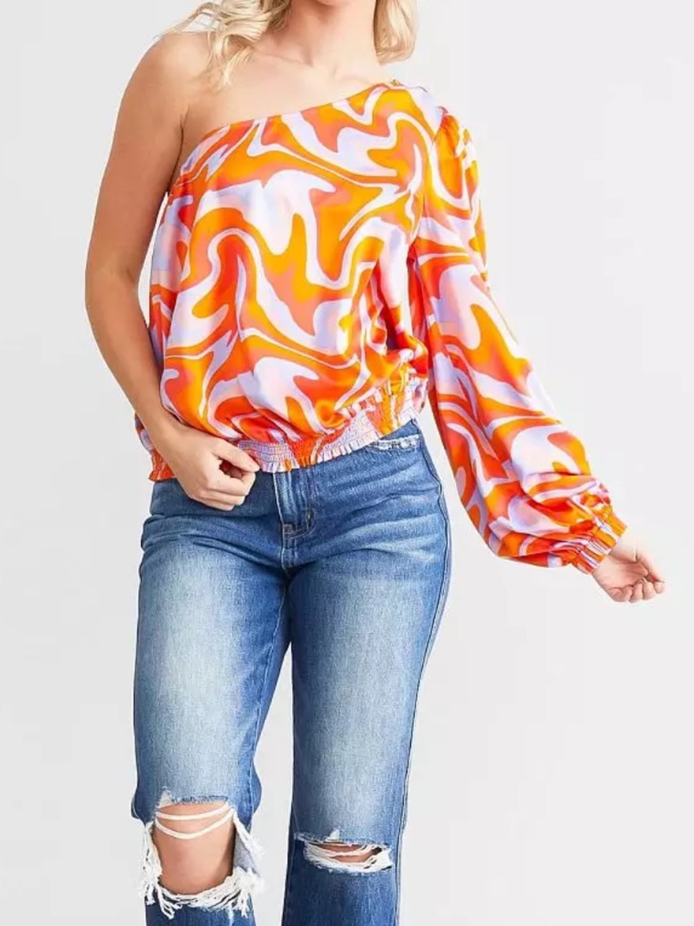 NWT Willow & Root One-Shoulder Swirl Print Tunic in Orange and Lavender Medium